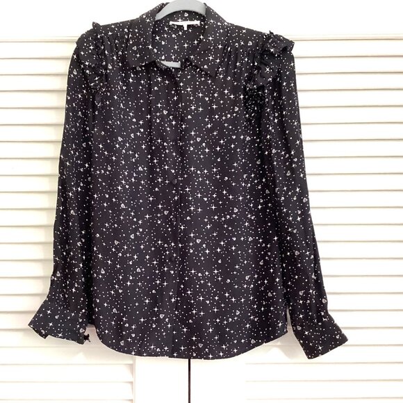 Frame Noir Diamond Sky Star Print 100% Silk Shirt Size S $289 Ruffle Button Down - Picture 3 of 15